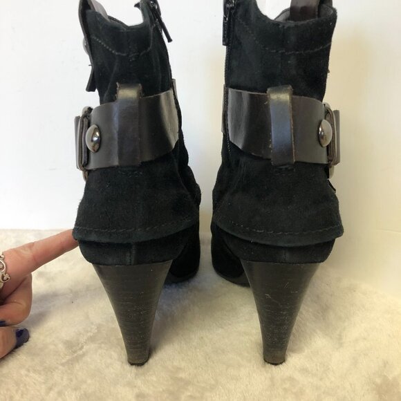 Black Suede Heeled Booties With Brown Strap and Buckle Size 37 (US 7) - Picture 4 of 13